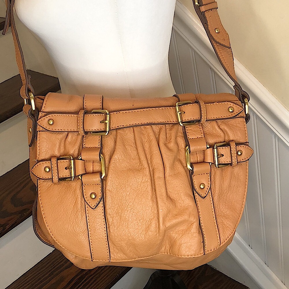 VINCE CAMUTO Tumbled Brown Leather Messenger Strappy Tote Crossbody Shoulder Bag